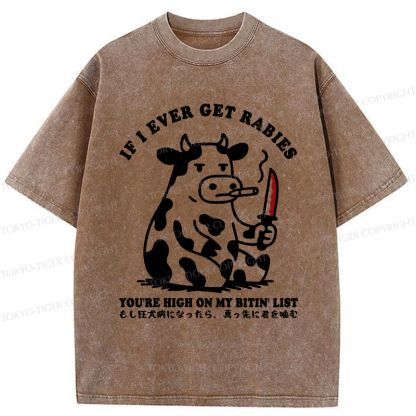 Tokyo-Tiger Funny On The Cow's Bite List Washed T-Shirt
