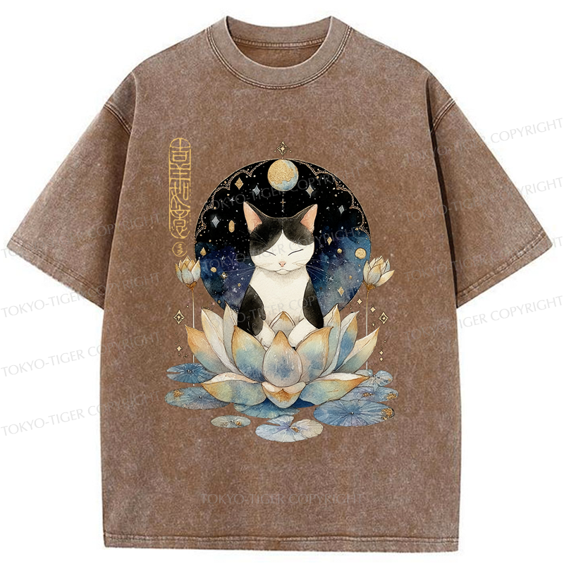 Tokyo-Tiger Funny Cat Lotus Zen Auspiciousness Washed T-Shirt