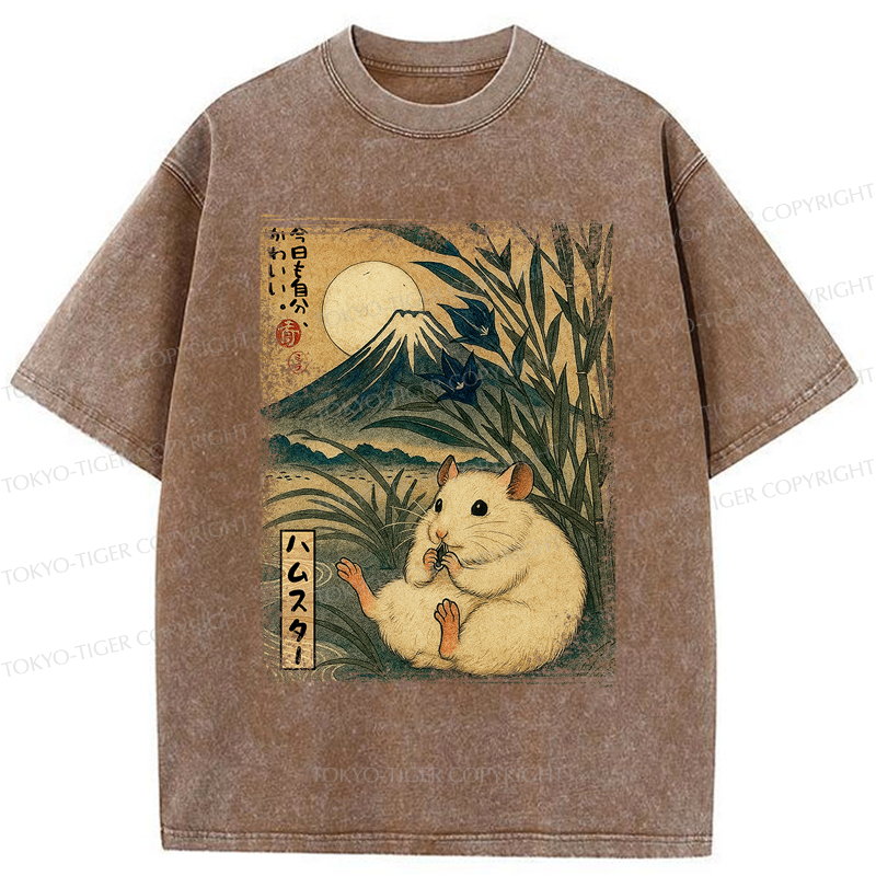 Tokyo-Tiger Funny Hamster Mount Fuji Flower meme Washed T-Shirt