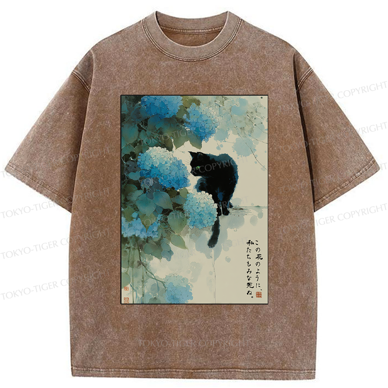 Tokyo-Tiger Like This Flower, We All Die-Hydrangea&Cat Washed T-Shirt