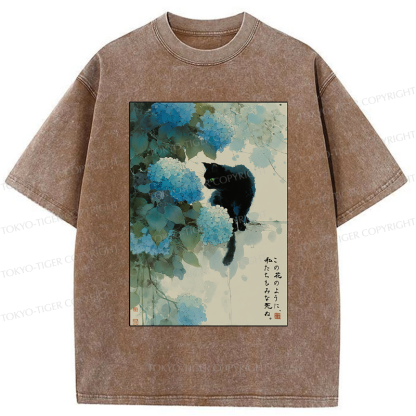 Tokyo-Tiger Like This Flower, We All Die-Hydrangea&Cat Washed T-Shirt