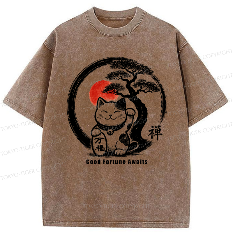 Tokyo-Tiger Lucky Maneki-Neko Zen Washed T-Shirt