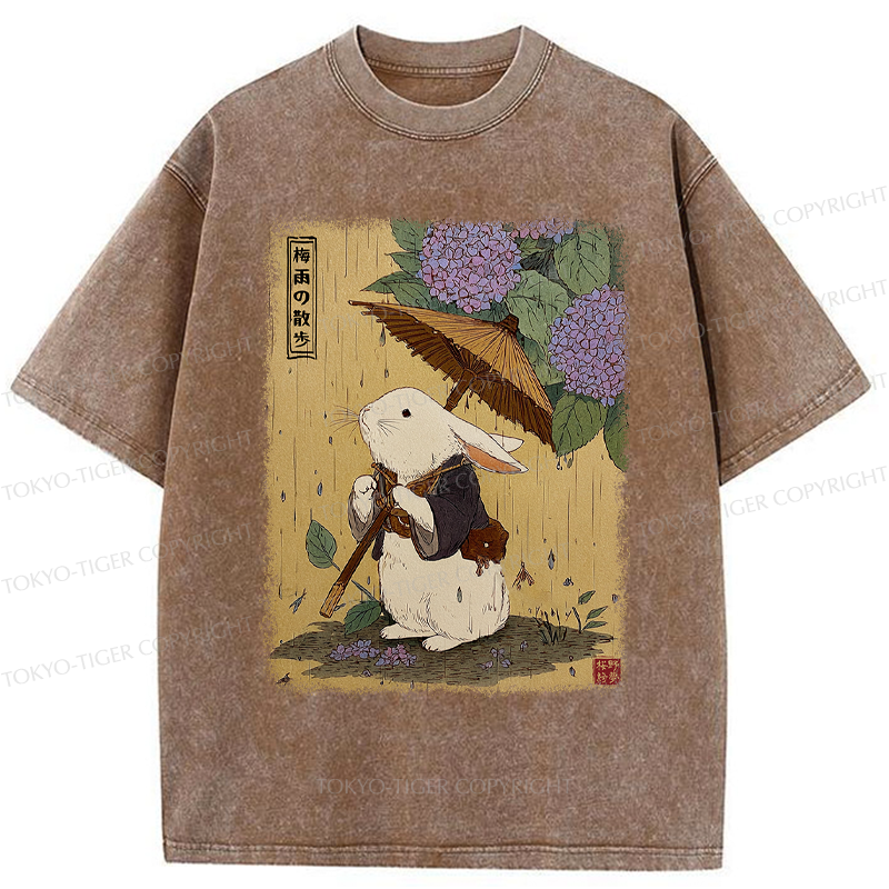 Tokyo-Tiger Ukiyoe Rainy Stroll Bunny Washed T-Shirt