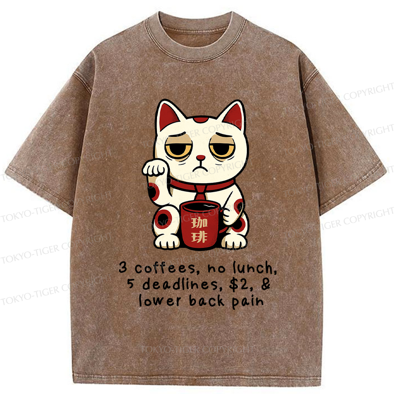 Tokyo-Tiger Funny Workaholic Lucky Cat Washed T-Shirt