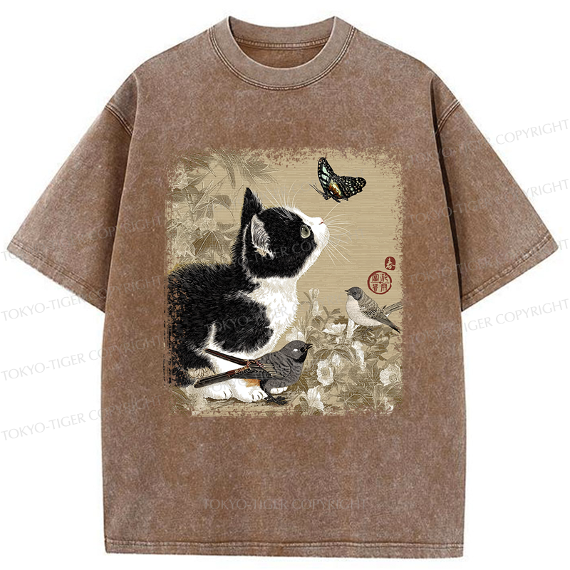 Tokyo-Tiger Cat and Butterfly: A Playful Encounter Washed T-Shirt