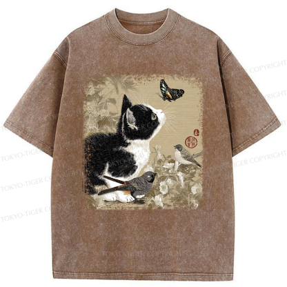 Tokyo-Tiger Cat and Butterfly: A Playful Encounter Washed T-Shirt