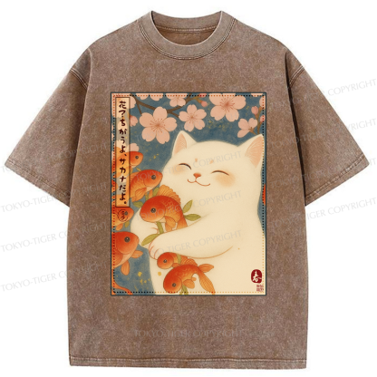 Tokyo-Tiger Funny Ukiyoe Cat and Fish Flower Washed T-Shirt