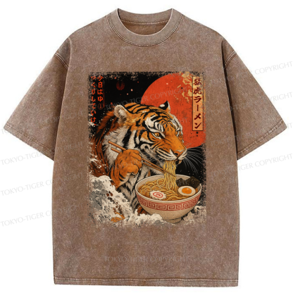 Tokyo-Tiger Ukiyoe Japan Tiger Eating Ramen Washed T-Shirt