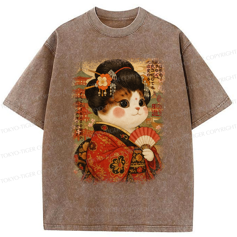 Tokyo-Tiger Ukiyoe Japanese Cat Princess Washed T-Shirt