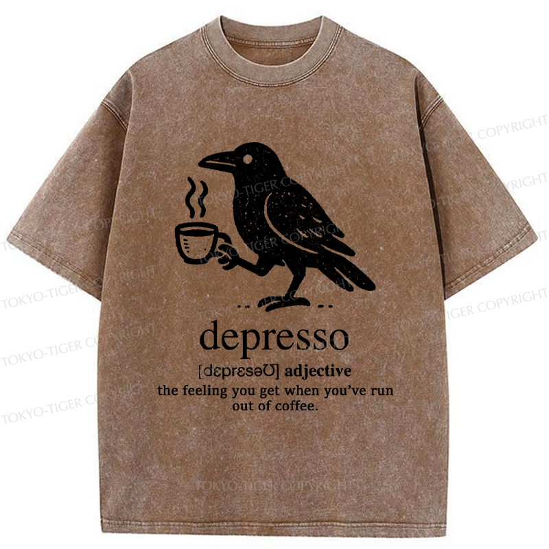 Tokyo-Tiger Funny  Crow Coffee Depresso Woodblock Washed T-Shirt