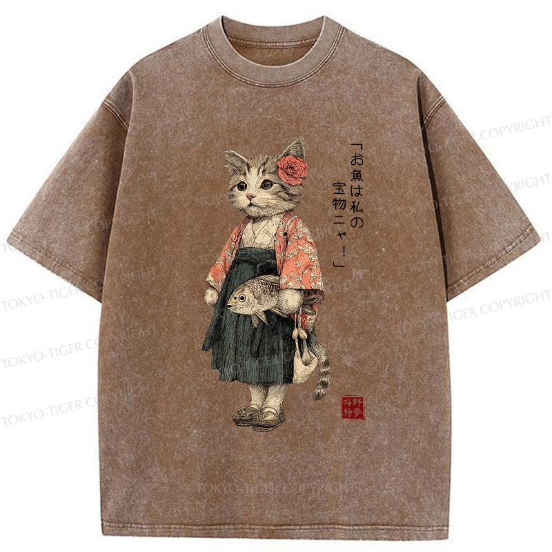 Tokyo-Tiger Cat Princess With Her Treasure Washed T-Shirt