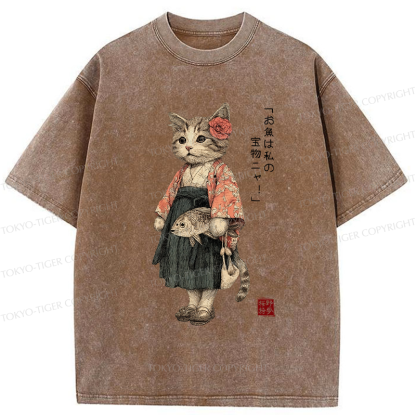 Tokyo-Tiger Cat Princess With Her Treasure Washed T-Shirt