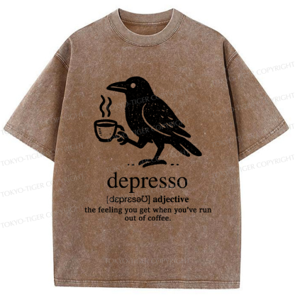 Tokyo-Tiger Funny  Crow Coffee Depresso Woodblock Washed T-Shirt