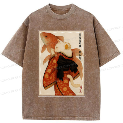 Tokyo-Tiger Japanese Ukiyoe Cat And Fish Poster Washed T-Shirt