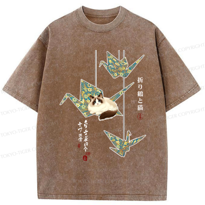 Tokyo-Tiger Ukiyoe Japan Origami and cats Funny Washed T-Shirt