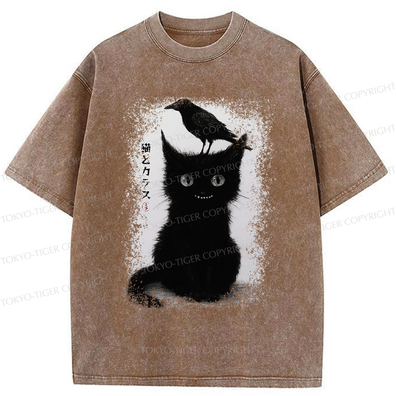 Tokyo-Tiger Funny Cat And Crow Washed T-Shirt