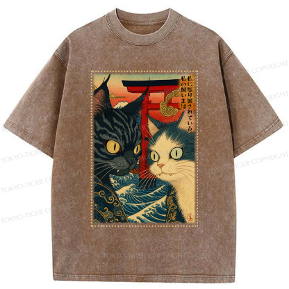 Tokyo-Tiger Ukiyoe Cat Teased Owner Poster Washed T-Shirt