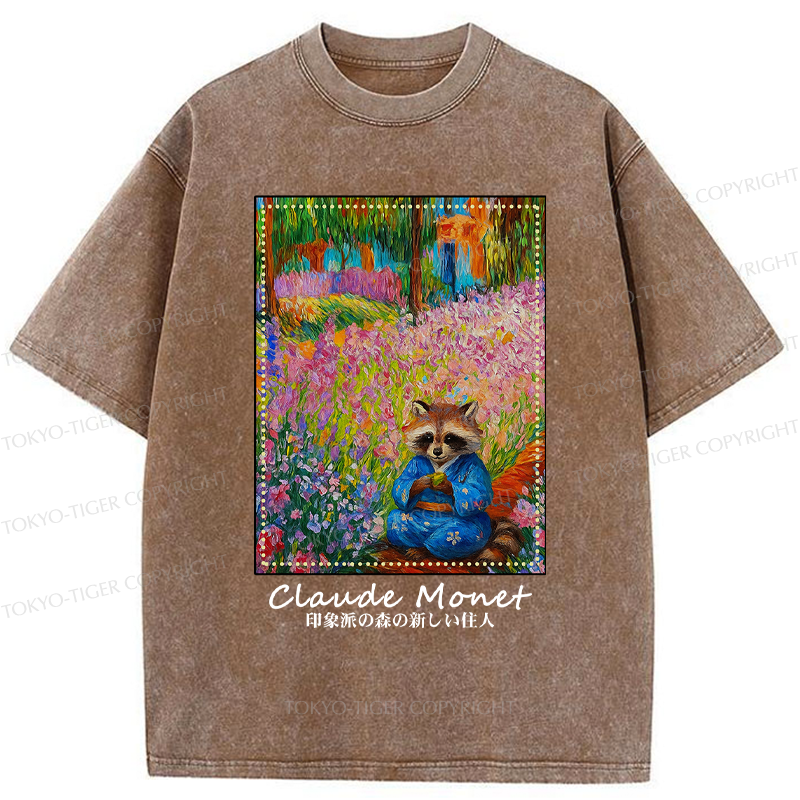 Tokyo-Tiger Impressionist Raccoon Garden Tea Washed T-Shirt