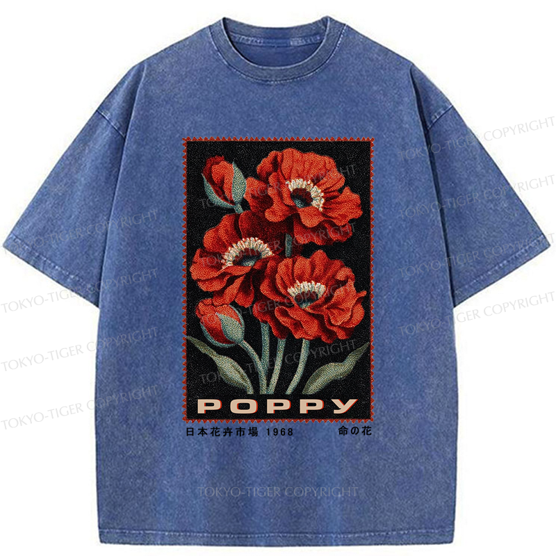 Tokyo-Tiger Timeless Poppy Stamp Washed T-Shirt