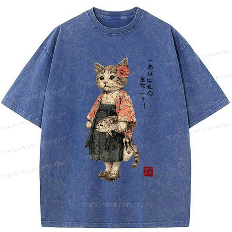 Tokyo-Tiger Cat Princess With Her Treasure Washed T-Shirt
