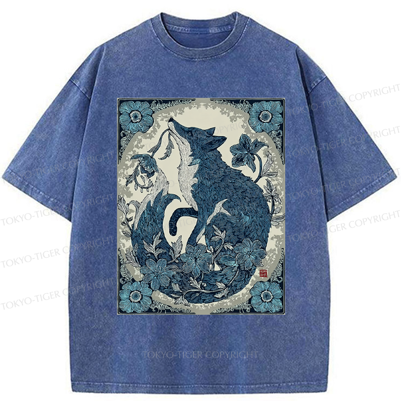 Tokyo-Tiger Floral Fox Aesthetic Washed T-Shirt