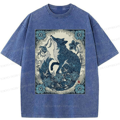Tokyo-Tiger Floral Fox Aesthetic Washed T-Shirt