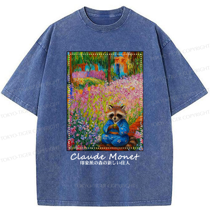 Tokyo-Tiger Impressionist Raccoon Garden Tea Washed T-Shirt