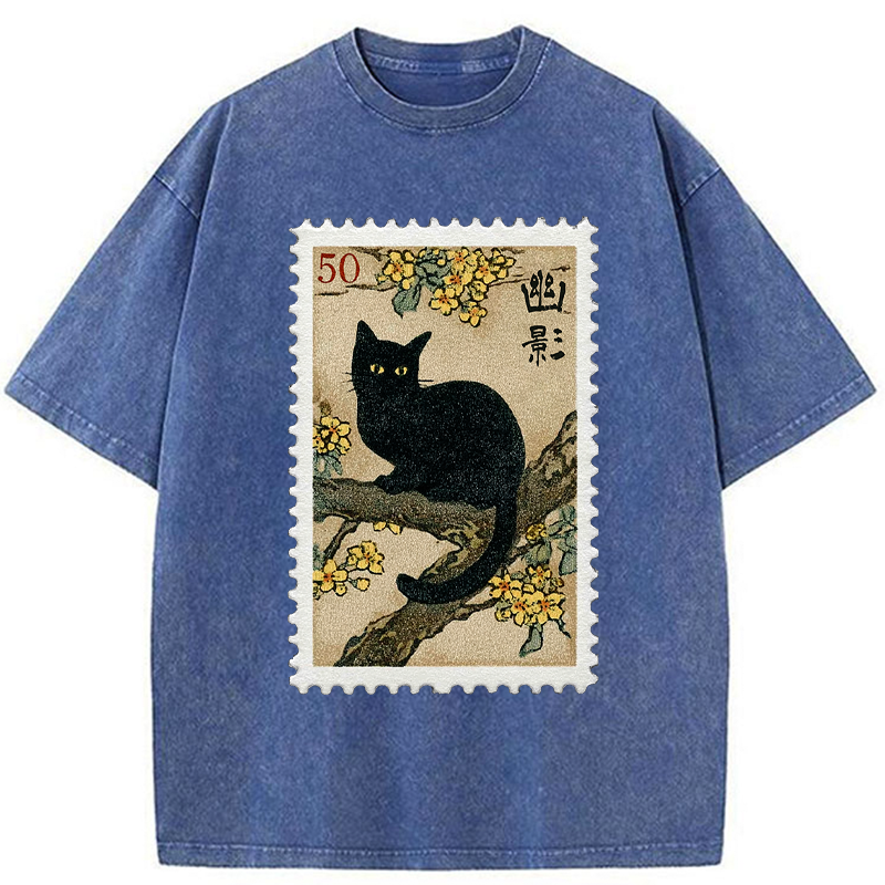 Tokyo-Tiger Golden Blossom Black Cat Post Washed T-Shirt