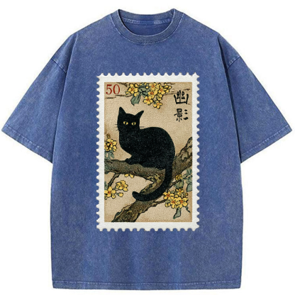 Tokyo-Tiger Golden Blossom Black Cat Post Washed T-Shirt