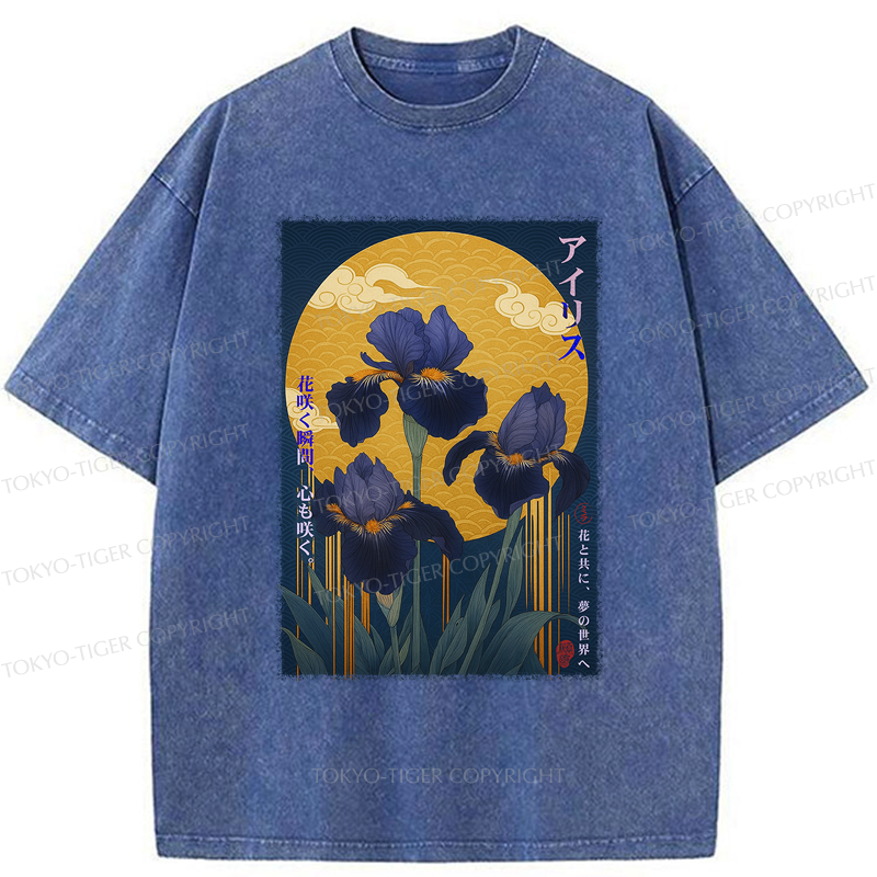 Tokyo-Tiger Japan Ukiyoe Luan Tail Flower Poster Washed T-Shirt
