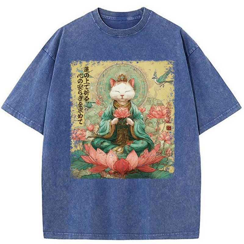 Tokyo-Tiger Lotus Whisper Cat:Calm Reflections Washed T-Shirt