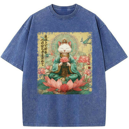 Tokyo-Tiger Lotus Whisper Cat:Calm Reflections Washed T-Shirt