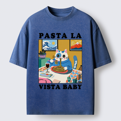 Tokyo-Tiger Wine, Pasta, and Meow Washed T-Shirt
