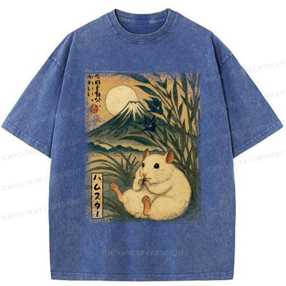 Tokyo-Tiger Funny Hamster Mount Fuji Flower meme Washed T-Shirt