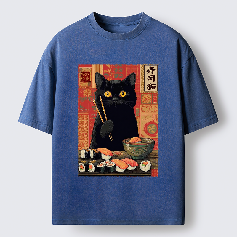 Tokyo-Tiger Neko Eats Sushi Washed T-Shirt