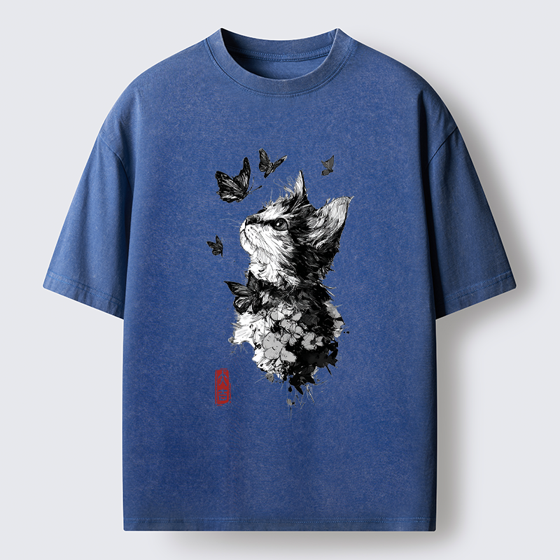 Tokyo-Tiger Butterfly and Cat Gaze Washed T-Shirt