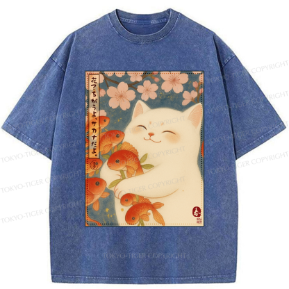 Tokyo-Tiger Funny Ukiyoe Cat and Fish Flower Washed T-Shirt