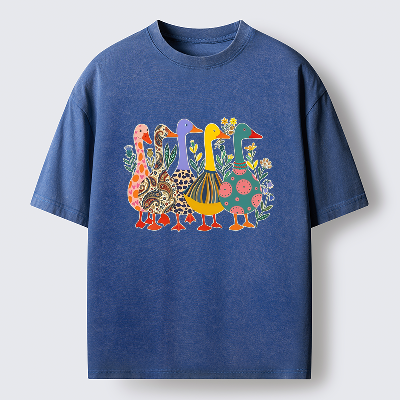 Tokyo-Tiger Whimsical Folk-Art Goose Quintet Washed T-Shirt