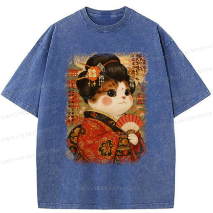 Tokyo-Tiger Ukiyoe Japanese Cat Princess Washed T-Shirt