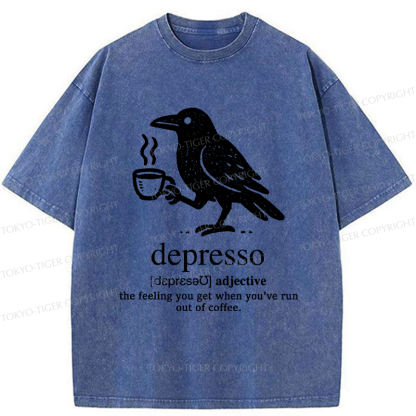 Tokyo-Tiger Funny  Crow Coffee Depresso Woodblock Washed T-Shirt