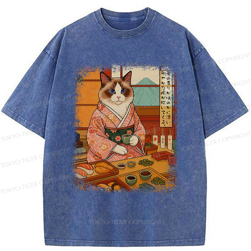 Tokyo-Tiger Ukiyoe Japanese Cat Princess Teahouse Washed T-Shirt