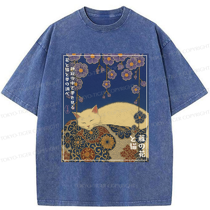 Tokyo-Tiger Ukiyoe Wisteria Flowers and Cats Washed T-Shirt
