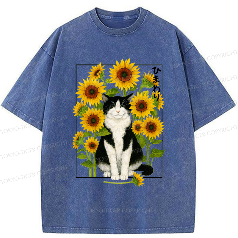 Tokyo-Tiger Funny Sunflower and Cat Poster Washed T-Shirt