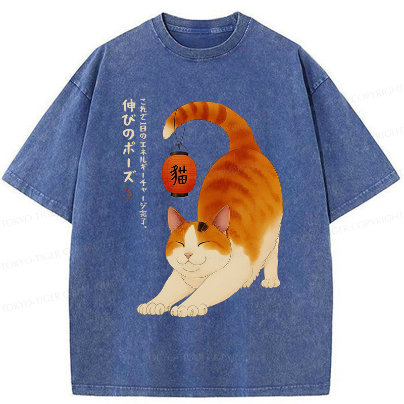 Tokyo-Tiger Funny Cat Yoga Energy Charging Washed T-Shirt