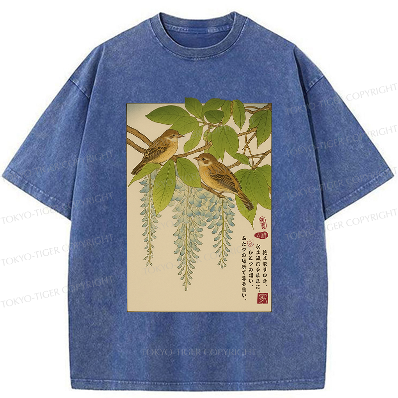 Tokyo-Tiger Ukiyoe Bird on the wisteria treetop Washed T-Shirt