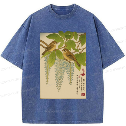 Tokyo-Tiger Ukiyoe Bird on the wisteria treetop Washed T-Shirt