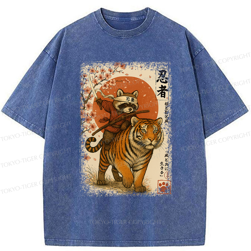 Tokyo-Tiger Ukiyoe Raccoon Samurai Riding a Tiger Washed T-Shirt
