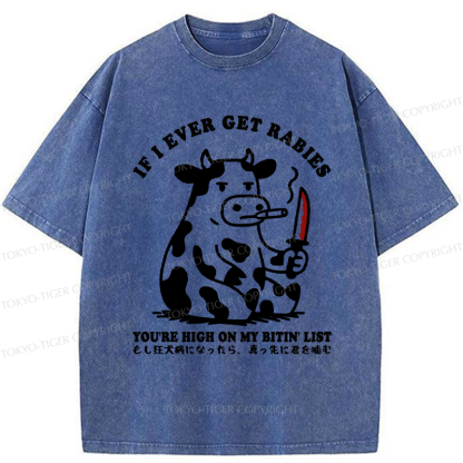 Tokyo-Tiger Funny On The Cow's Bite List Washed T-Shirt