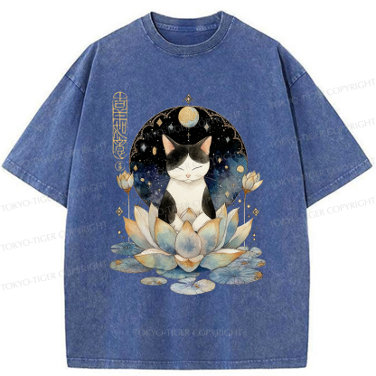 Tokyo-Tiger Funny Cat Lotus Zen Auspiciousness Washed T-Shirt