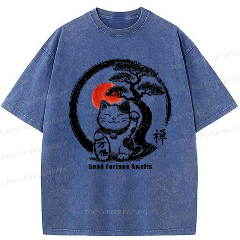 Tokyo-Tiger Lucky Maneki-Neko Zen Washed T-Shirt